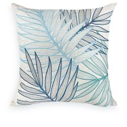 Almofada Linho Cru Borbado Fino Folhas 52x52cm Azul/160-10