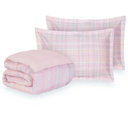 Edredom Queen com Fronhas 200 Fios Xadrez London Rosa