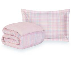 Edredom Solteiro King com Fronha 200 Fios Xadrez London Rosa