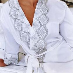 Robe Adulto Feminino 400 Fios Fancy Branco/Cinza P