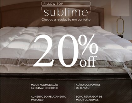 Pillow top sublime da Artelassê com 20% Off e por tempo determinado. O Pillow Top da Artelassê, que já era referência no mercado, agora está ainda melhor. Com muita dedicação, encontramos a tecnologia ideal para desenvolver o novo Pillow Top Sublime. A matéria-prima utilizada proporciona uma acomodação superior às curvas do corpo, reduzindo os pontos de tensão e aumentando o relaxamento muscular, resultando em um sono mais reparador e de maior qualidade. Além de mais leve, o Pillow Top Sublime proporciona um toque macio e aconchegante. O novo design inclui elásticos ajustáveis em ambos os lados, permitindo que o produto seja dupla face, aumentando também a sua durabilidade. Apresentamos a evolução do pillow top: o que já era bom, ficou Sublime.