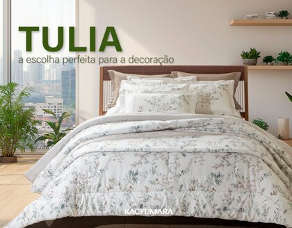 Tulia vem com uma proposta herbal de composição suave, sua coloração cria um leve contraste com o fundo off-white, trazendo um belo caimento na cama.